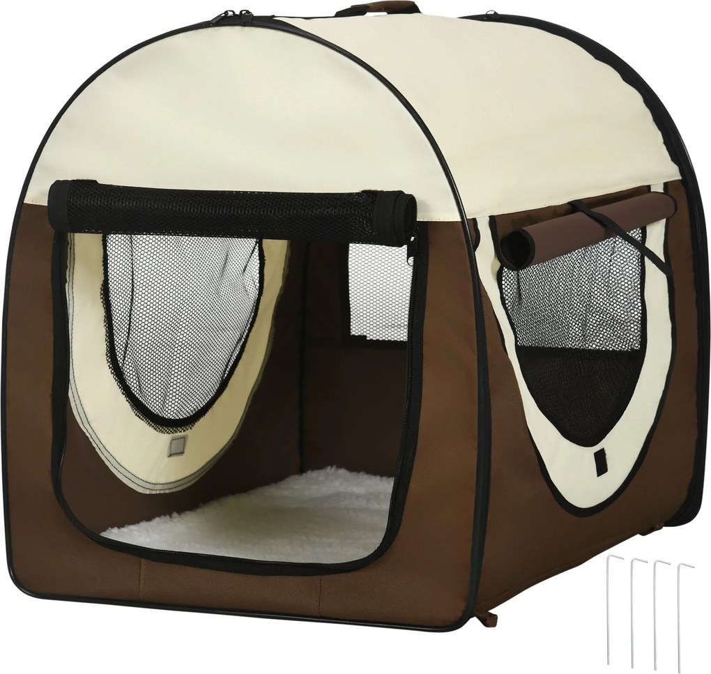 PawHut Összecsukható Háziállat Szállító Oxford Anyagból Kihegyezhető Mosható Párnázattal és Hordozótáskával, 70x51x59cm, Barna | Aosom