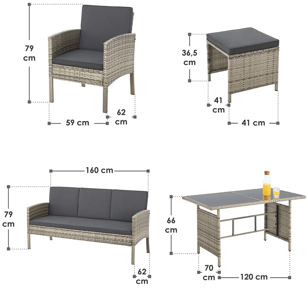 Juskys Turin rattan kerti bútor szett - szürke
