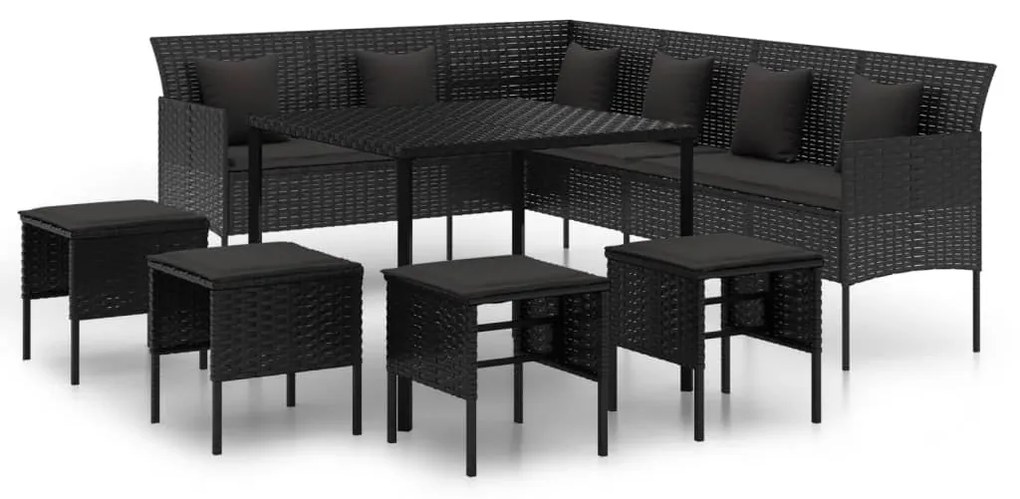 6 részes fekete polyrattan kerti étkezőgarnitúra párnákkal