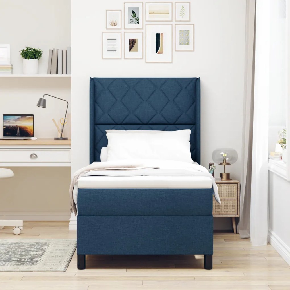 Boxspring Ágy Matrac + LED Kék 90x200 cm Szövet