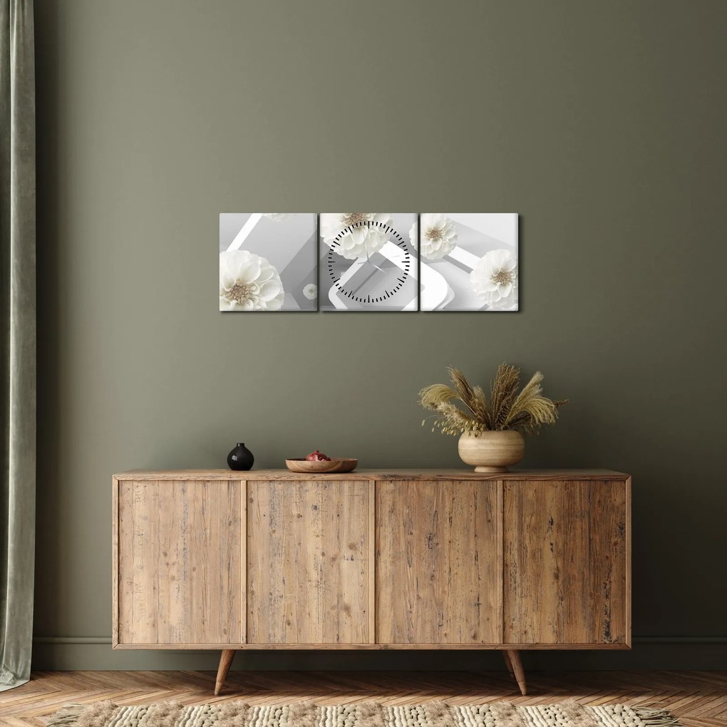 Absztrakt kép fehér virágokkal (órával) (90x30 cm)