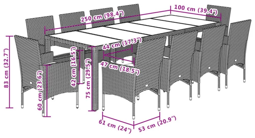 11 részes bézs polyrattan/üveg kerti étkezőgarnitúra párnákkal