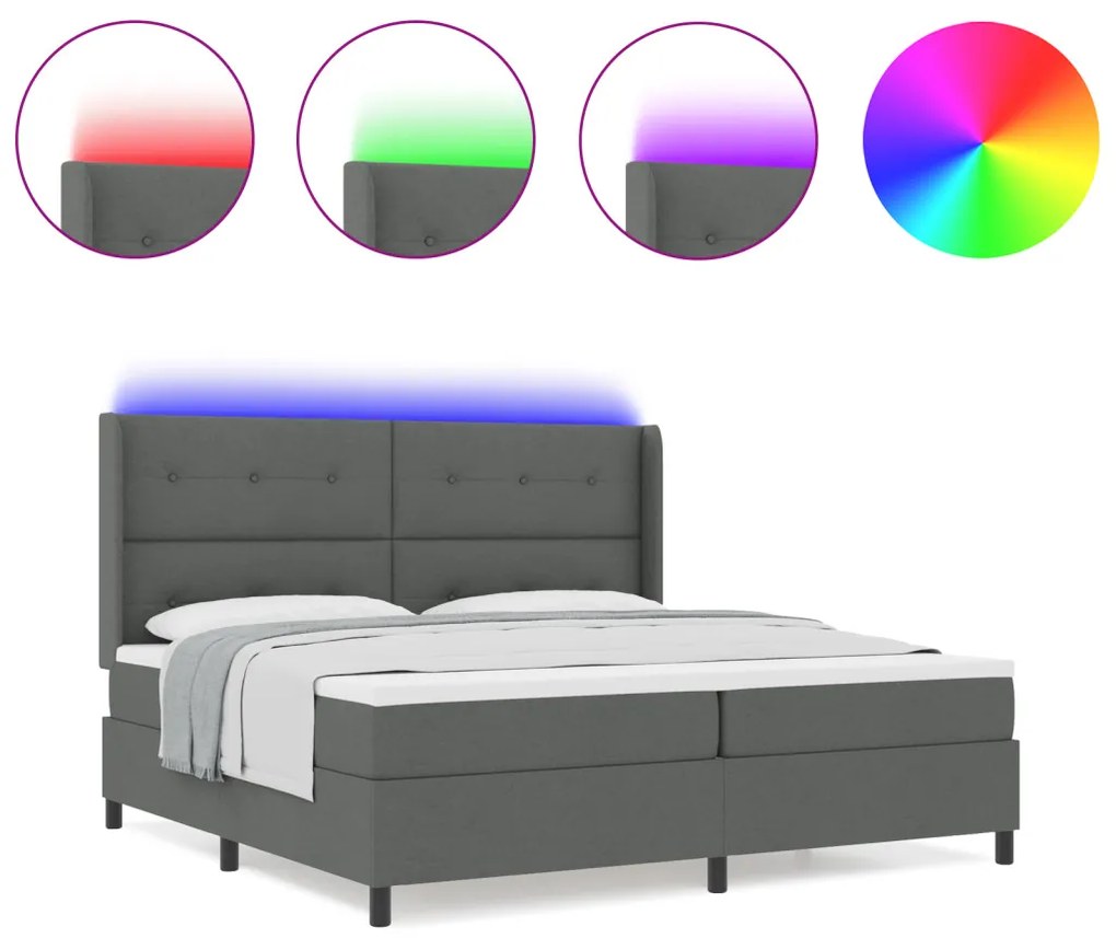 Boxspring Ágy Mattal és LED Fekete Szürke 200x200 cm Szövet