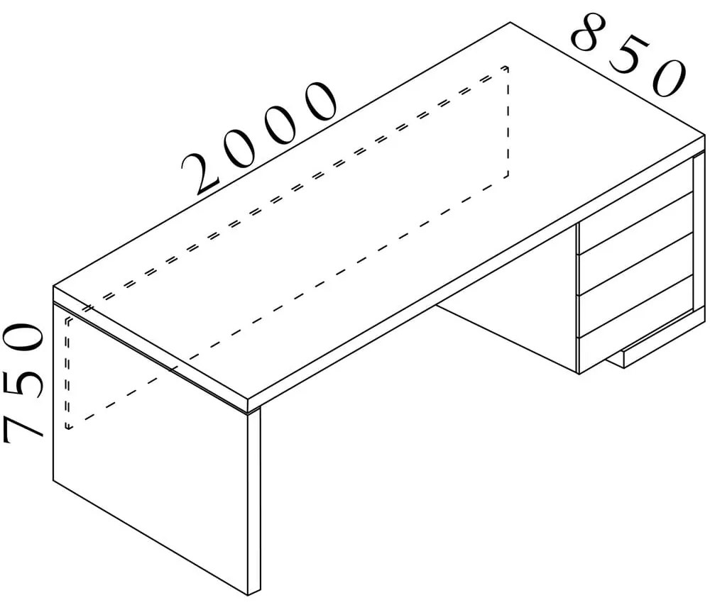 Lineart asztal 200 x 85 cm + jobb konténer, bodza sötét / fehér