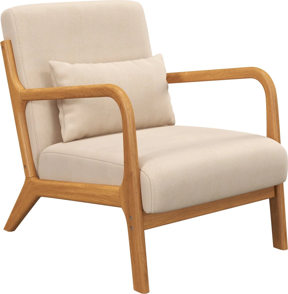 HOMCOM Lounge Fotel Nordic Stílusú Karfás Fotel Pihenőszobába, Párnázott és Gumifa Váz 120 kg Teherbírás 61x78x76 cm Bézs | Aosom
