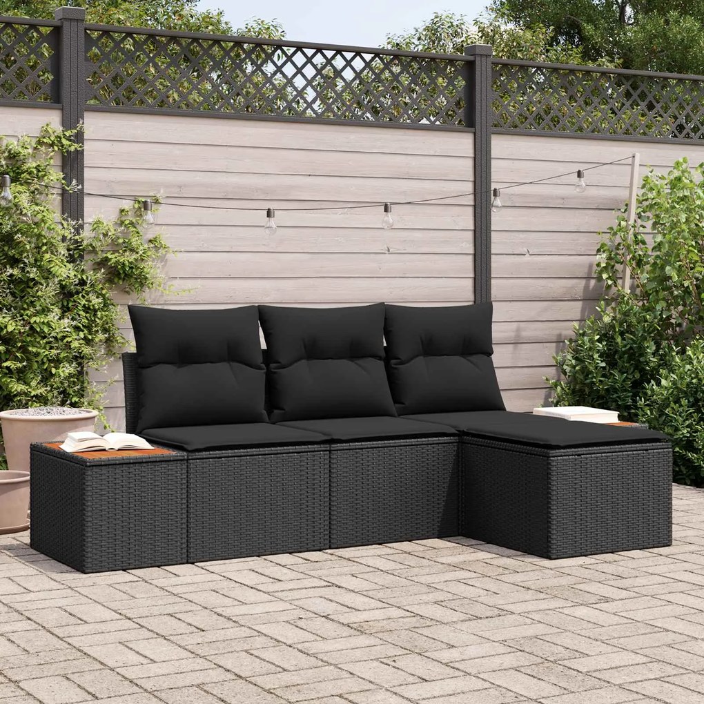 vidaXL Kerti Kanapé Szett párnával 4 pcs Fekete Poly Rattan