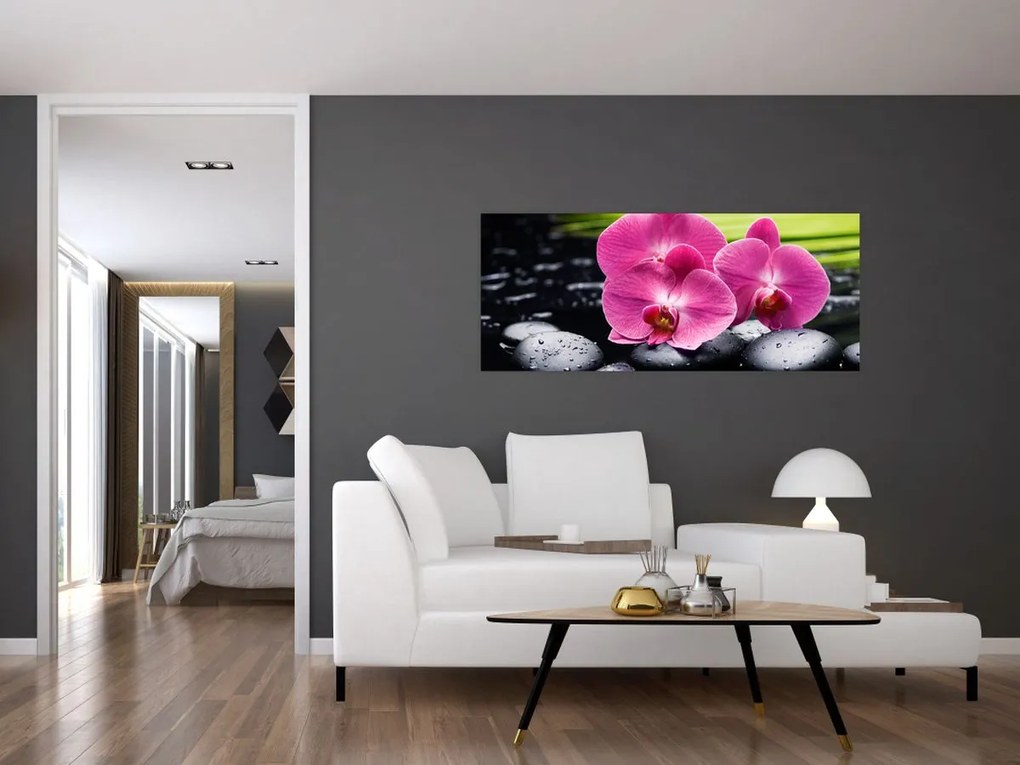 Kép - Rózsaszín orchidea pálmalevéllel (120x50 cm)