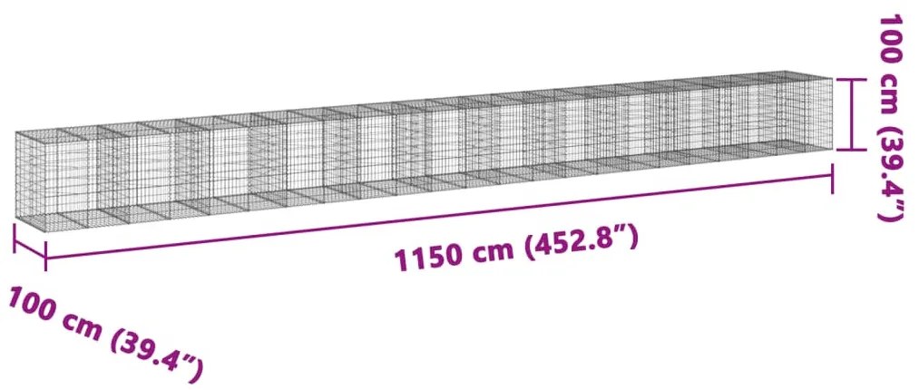horganyzott vas gabion kosár fedéllel 1150 x 100 x 100 cm