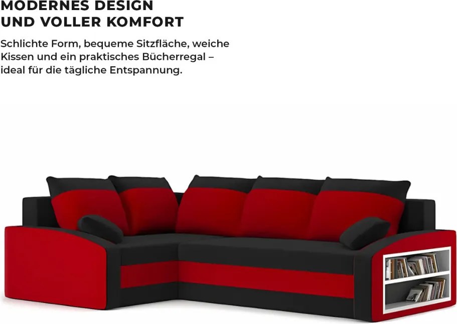Grande sarokkanapé polcokkal , polc a jobb karfaban, baloldali, szövet anyag, hab töltet, fekete - piros