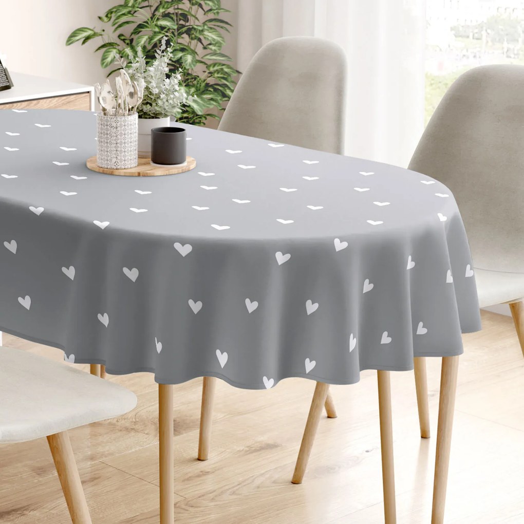 Goldea ovális pamut terítő - szívecskék, szürke alapon 140 x 280 cm