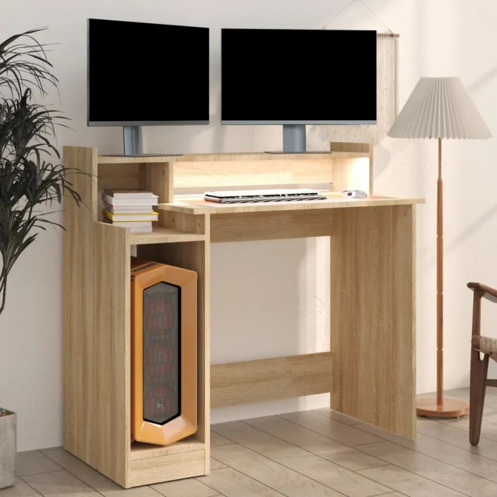 sonoma tölgy színű szerelt fa íróasztal LED-ekkel 97x45x90 cm
