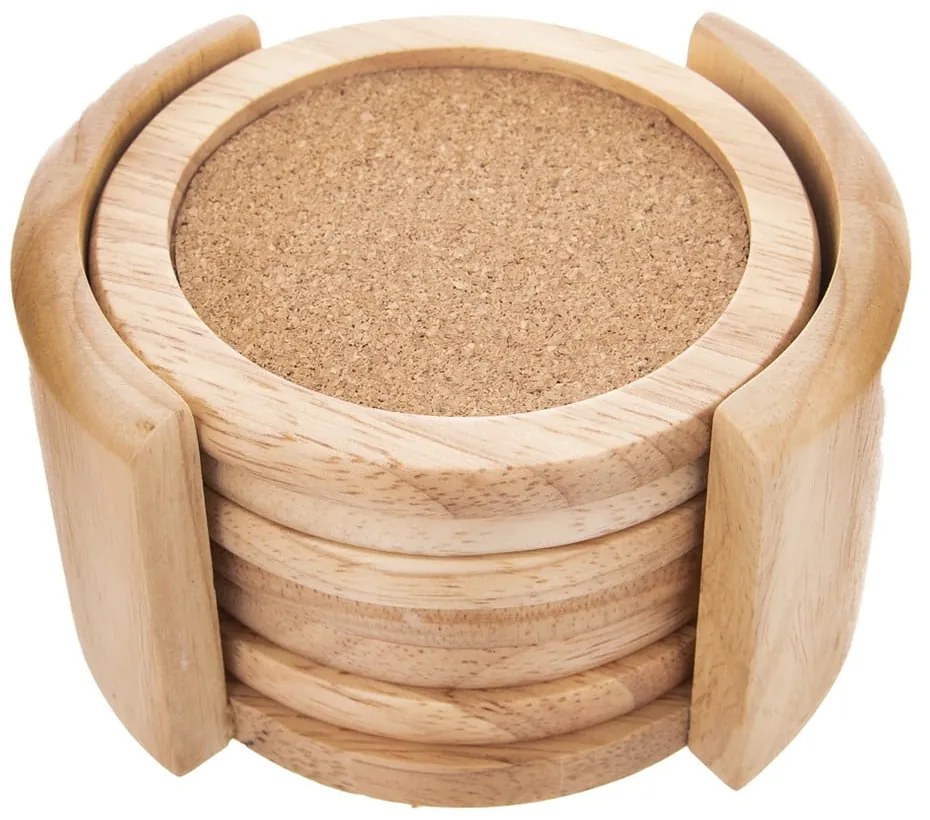 Natúr színű fa poháralátét szett állvánnyal 6 db-os – Orion