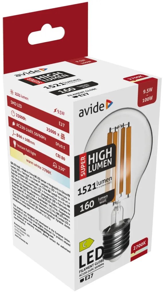 Avide LED Filament Globe 9.5W E27 A60 WW 2700K Super High Lumen