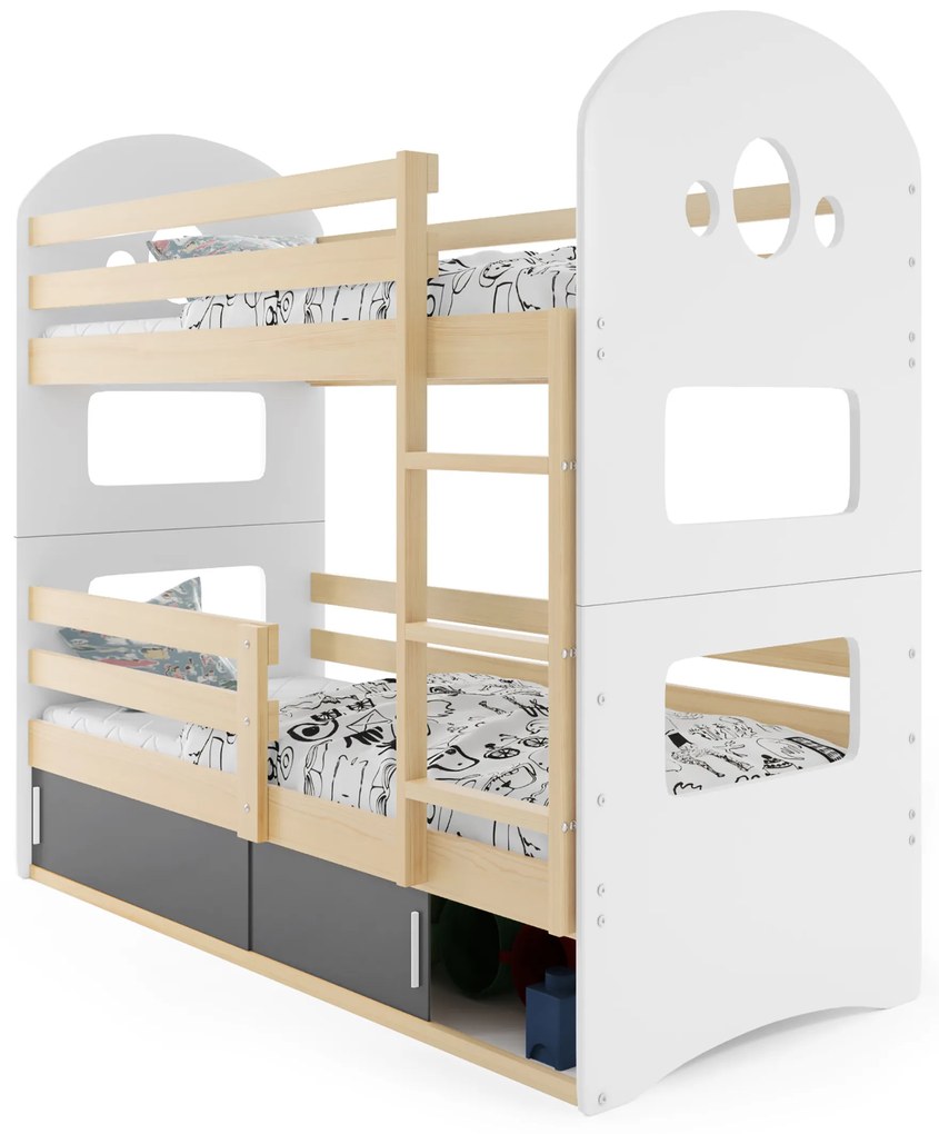 Emeletes ágy 80 x 190 cm Domur (fenyő + grafit) (ágyrácsokkal és tárolóhellyel). Akció -29%. 1056536