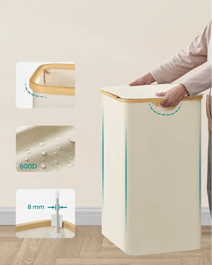 Szennyestartó Oxford szövet, 150L, kivehető hálós zsák, bambusz fogantyú krémfehér