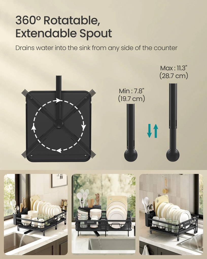 SONGMICS edényszárító állvány, kihúzható mosogató szárító, 360° vízelvezetés, tintafekete