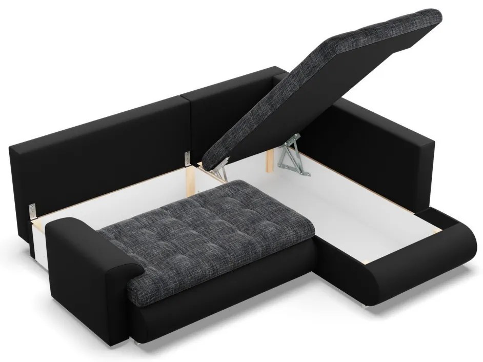 Tokio sarokkanapé, L alakú háttámlával, 2 ágyneműtartóval, fonott + műbőr, jobboldali, szürke - fekete