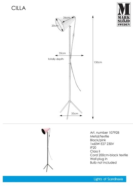 Markslöjd 107928 - Állólámpa CILLA 1xE27/60W/230V