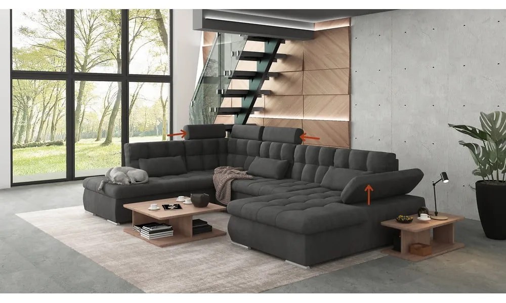 Antracitszürke kinyitható tárolóhelyes sarokkanapé (bal oldali-U alakú) Merkur – Ropez