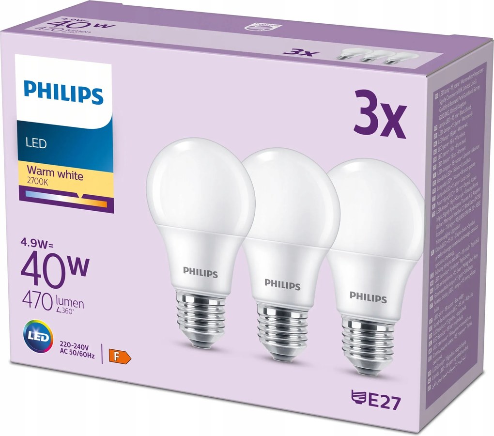 Led izzó E27 A60 4.9W 40W 470lm 2700K Meleg Prémium Philips 3 db