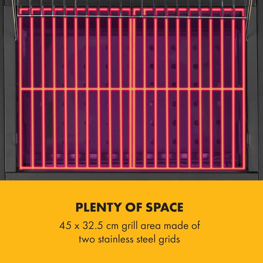 Klarstein Meat Machine, faszenes grill, 45 x 32,5 cm, hőmérő, kerekek, fekete