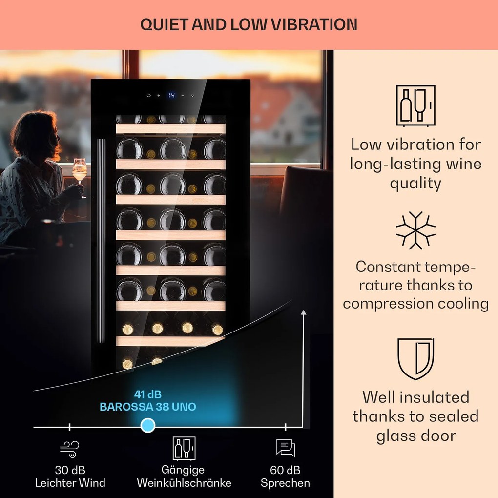 Klarstein Barossa 38 Uno, borhűtő, 94 liter, 38 palack, 1 zóna, érintőképernyő