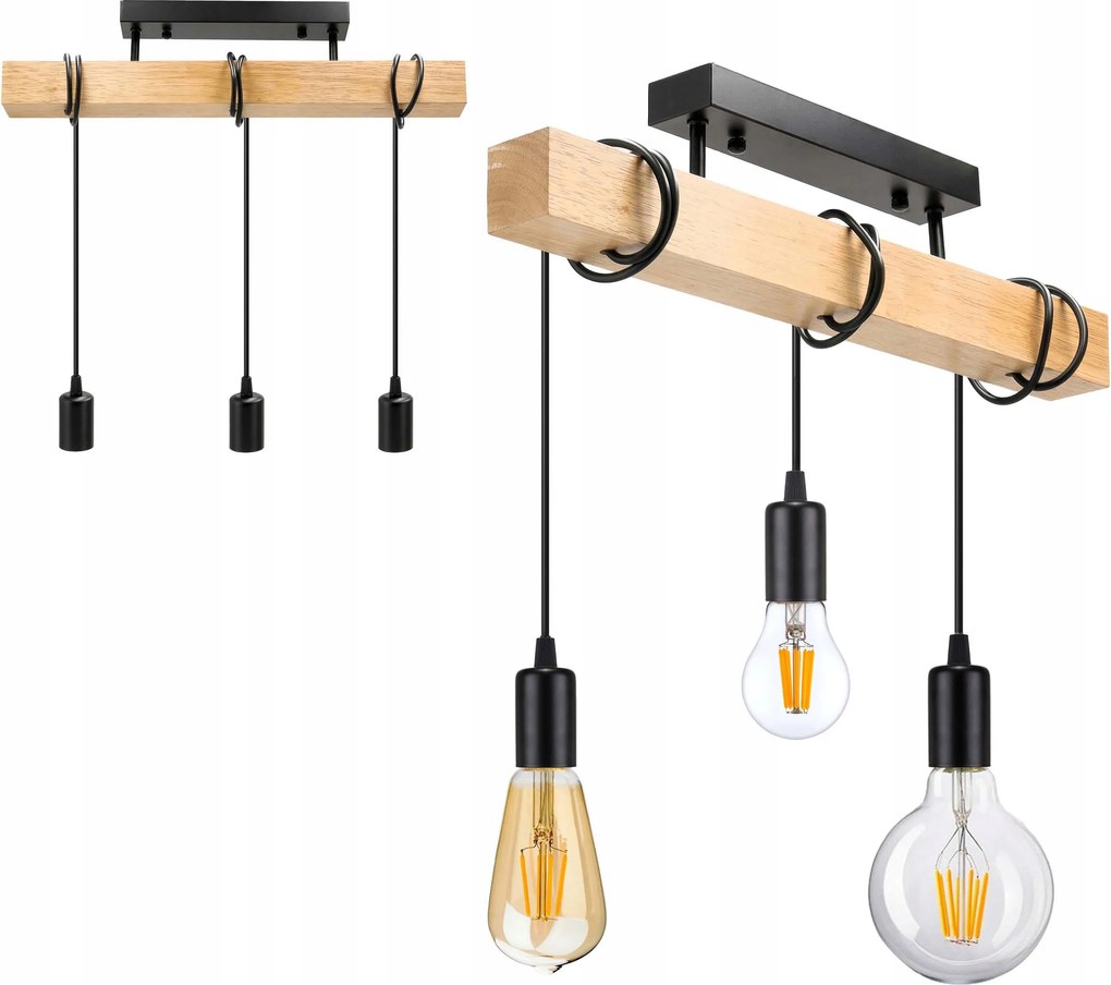 Lámpa fa függeszték mennyezeti Csillár Túlnyúlás Loft Fekete 3x E27