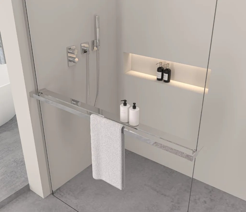 Erga Paris, Walk-In zuhany paraván 140x200 cm polccal és törülközőtartóval, 8 mm átlátszó üveg, króm profil, ERG-V02-PARIS-140x200-CL-CR-BAR