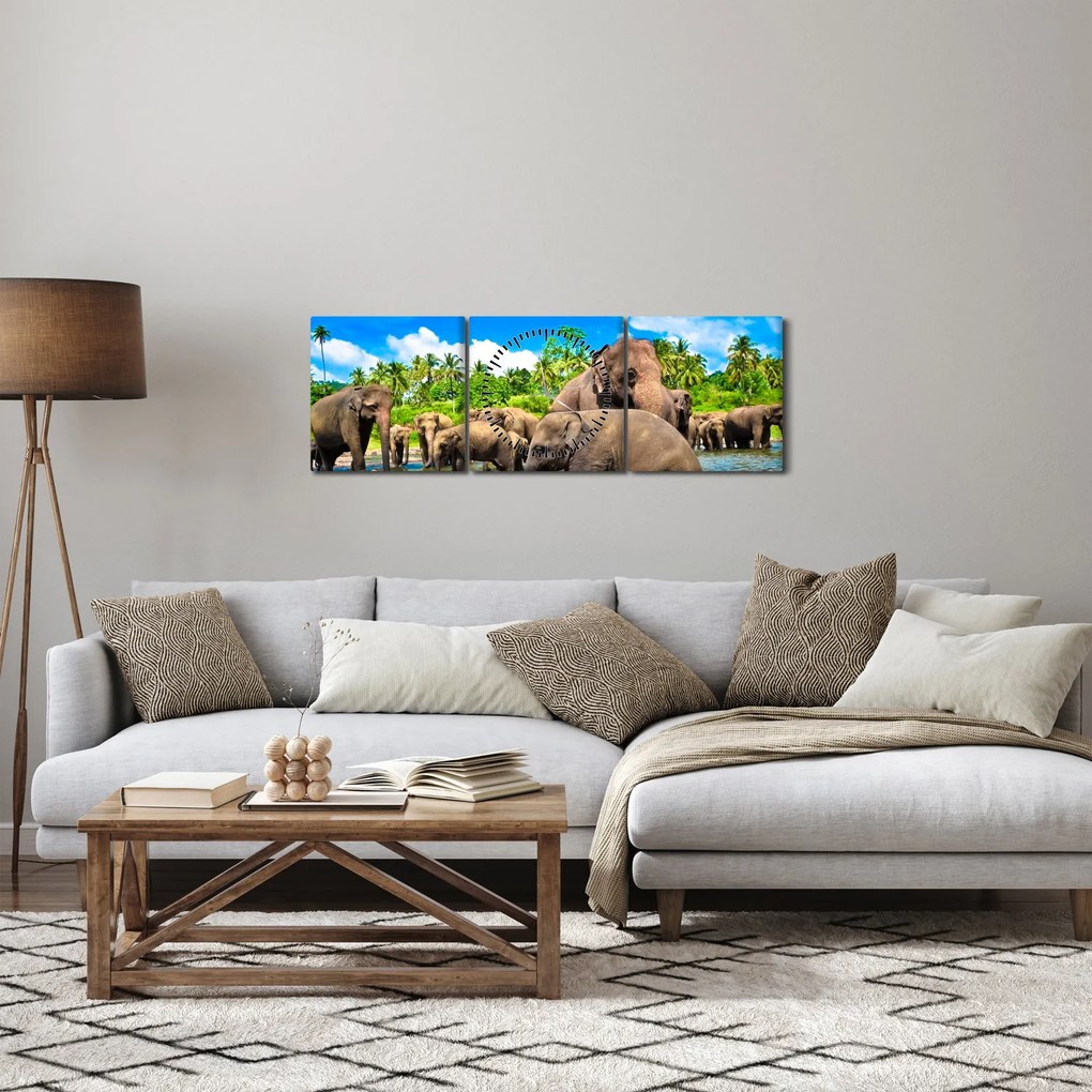 Kép - Elefántok, Sri Lanka (órával) (90x30 cm)