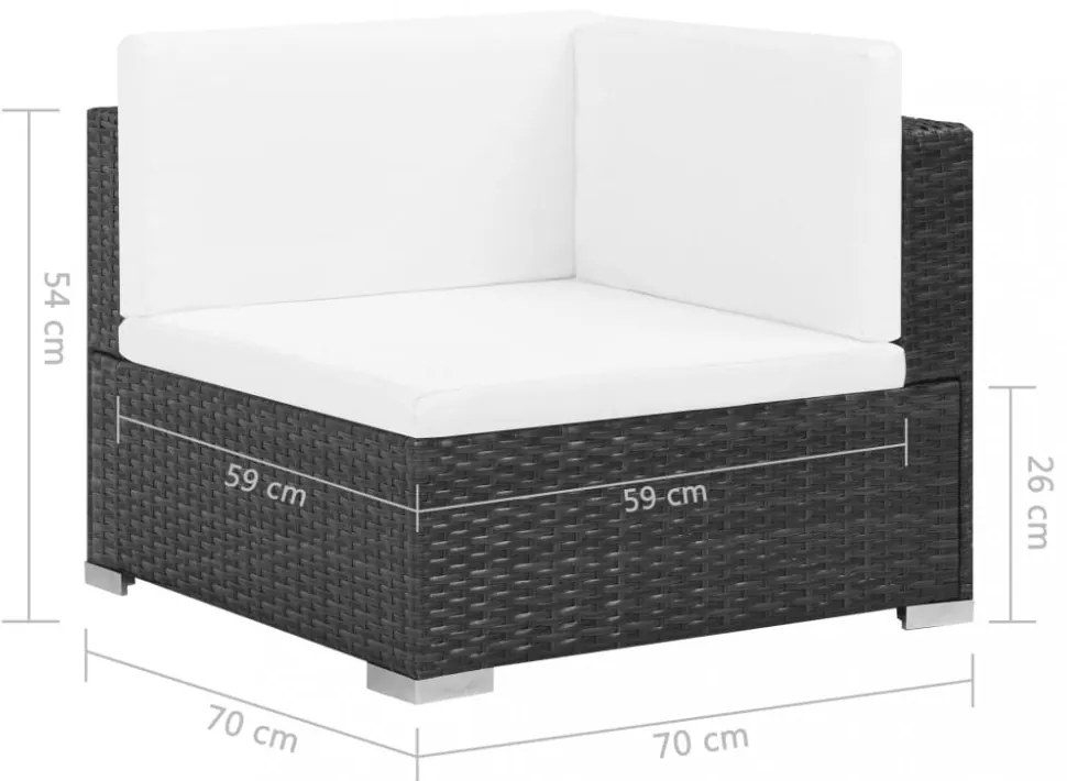 7-részes fekete polyrattan kerti bútorszett párnákkal