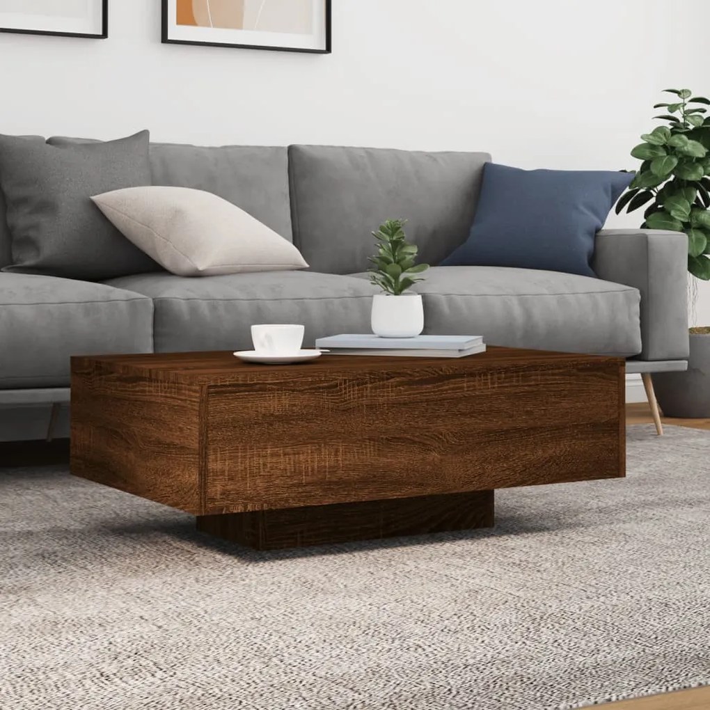 Barna tölgyszínű dohányzóasztal LED-lámpákkal 85 x 55 x 31 cm