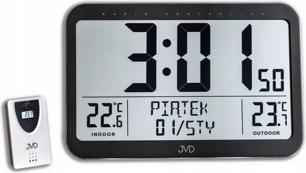 Ébresztőóra Jvd RB9385 Fekete Riasztás Hőmérő Naptár Kültéri Szonda Nagy
