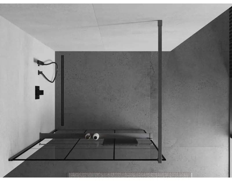 Mexen Kioto+, Walk-In zuhanyparaván polccal és akasztóval 110 x 200 cm, 8 mm átlátszó üveg fekete mintás, grafit profil, 800-110-121-66-77