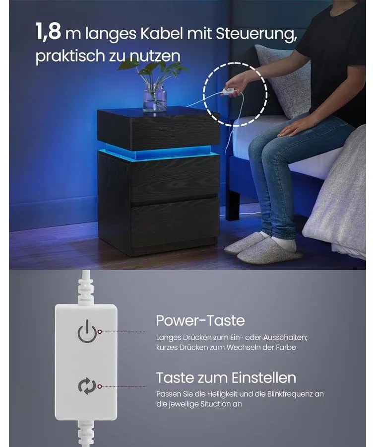 VASAGLE éjjeliszekrény LED világítással, állítható színű fény, 3 fiókos oldalasztal, 35 × 40 × 55 cm, fekete