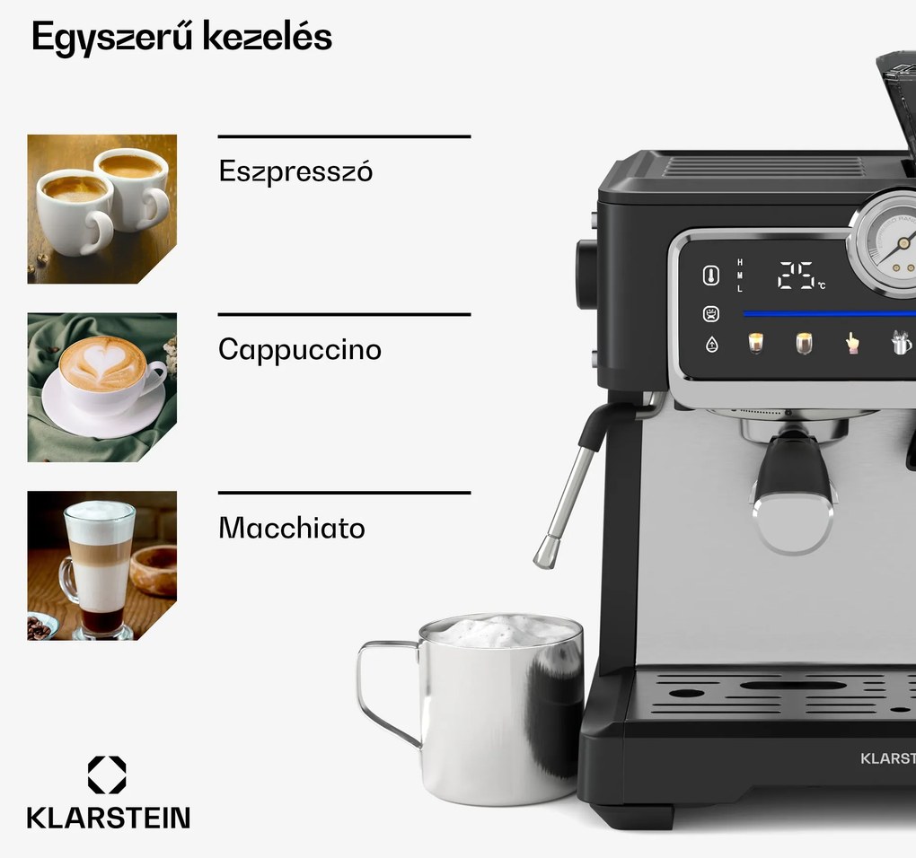 Klarstein GrandPresso Touch kávéfőző, 20 bar, beépített daráló, nyomásjelző, tejhab