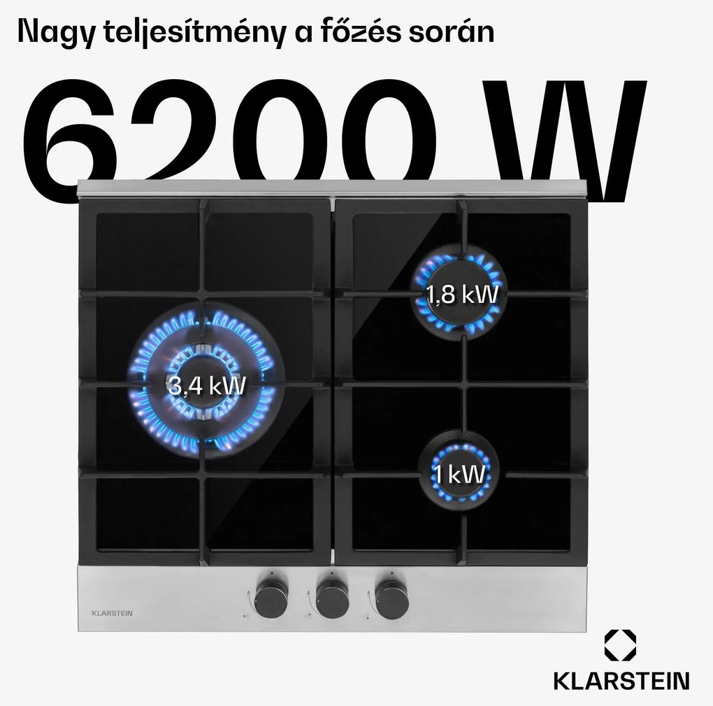Klarstein Alchemist, gázfőzőlap, 3 alumínium égő, üvegkerámia