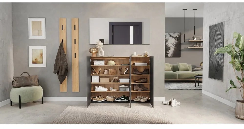 Antracitszürke cipőtartó tölgyfa dekorral 138x105x25 cm Libbiano – Germania