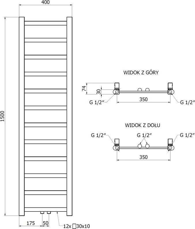 Mexen csavar, fűtőelem 1500 x 400 mm, 342 W, alul és középen, fehér, W126-1500-400-00-20