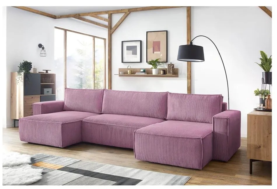 Rózsaszín kordbársony kinyitható sarokkanapé ("U" alakú) Nihad – Bobochic Paris