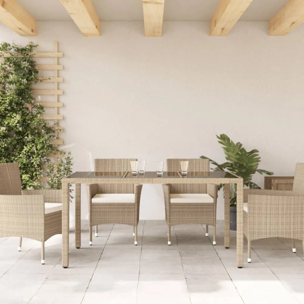 bézs polyrattan üveglapos kerti asztal 150 x 90 x 75 cm