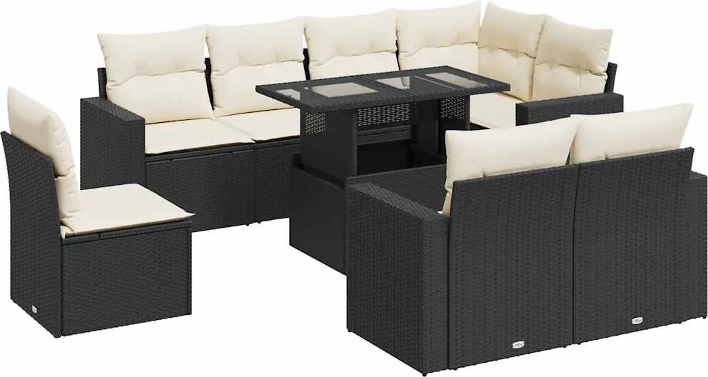 vidaXL 9 részes fekete polyrattan kerti ülőgarnitúra párnákkal