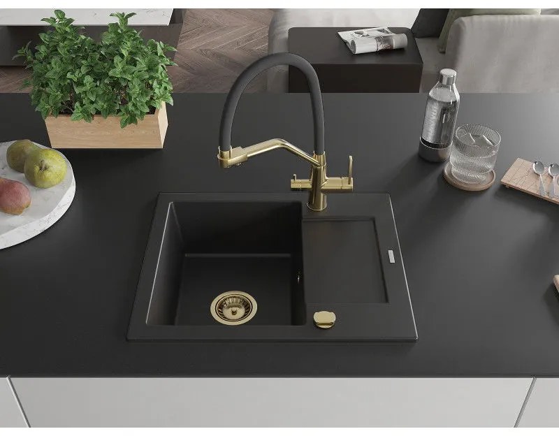 Mexen Enzo, gránit mosogató 576x465x174 mm, 1 kamrás és Duo mosogató csaptelep, fekete, 6506-77-671701-57-G