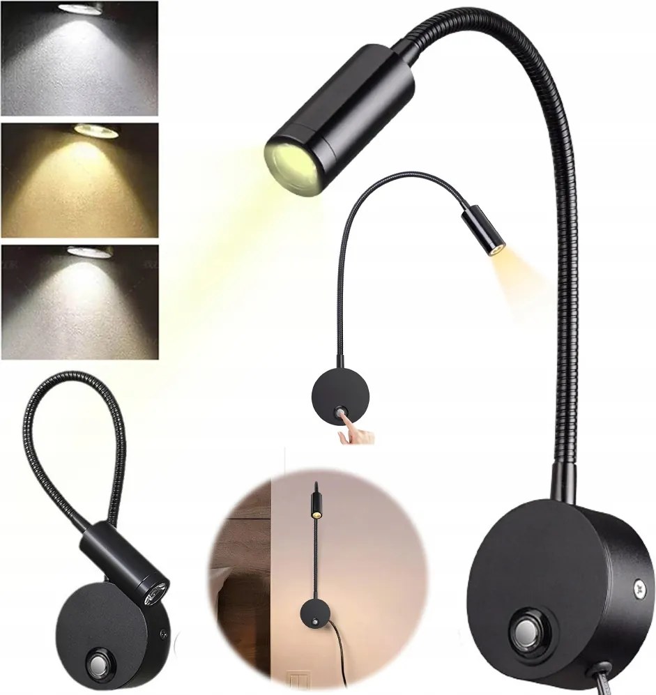 Fali Lámpa Állítható Éjjeli Lámpa Hajlékony Keret Fekete Az Olvasóágy Felett