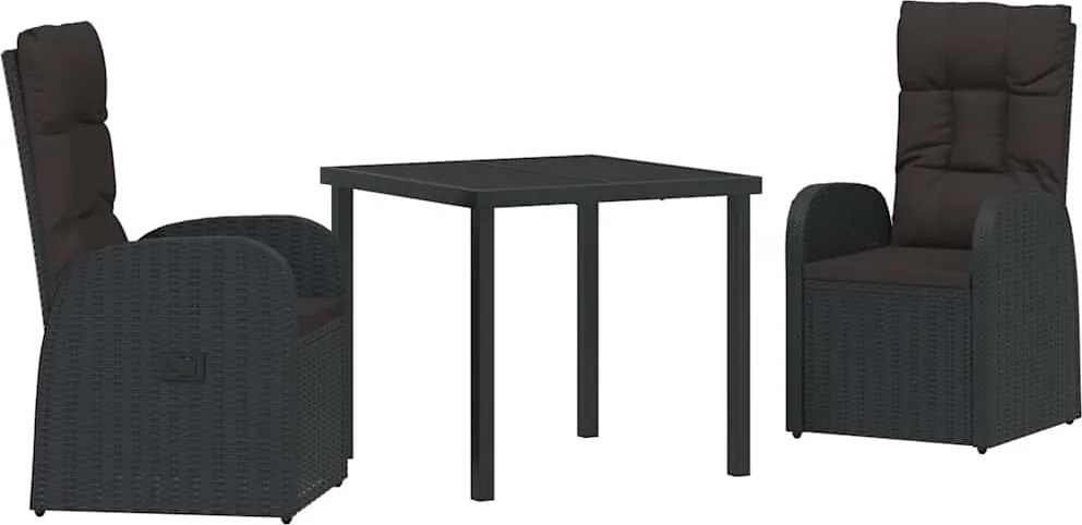 vidaXL Kert étkező szett párnával 3 pcs Fekete polirattan