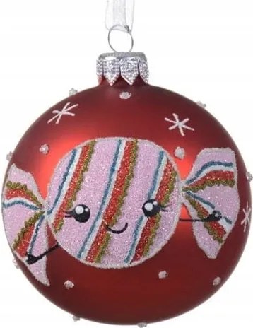 Üveggömb, piros csillámos mesés cukorkával 8cm