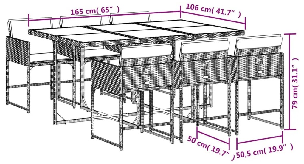 7 részes fekete polyrattan kerti étkezőgarnitúra párnával