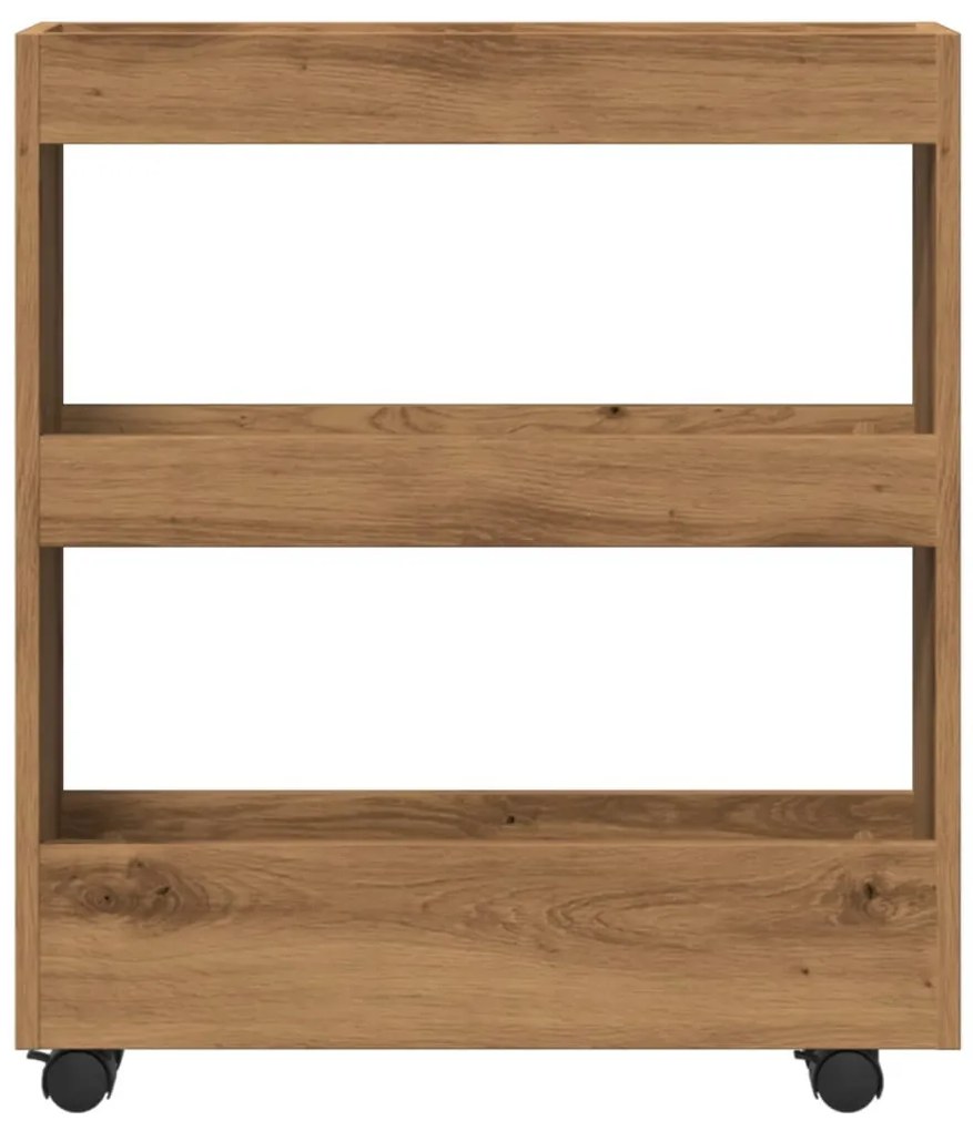 3 szintes kézműves tölgy színű szerelt fa keskeny tárolókocsi