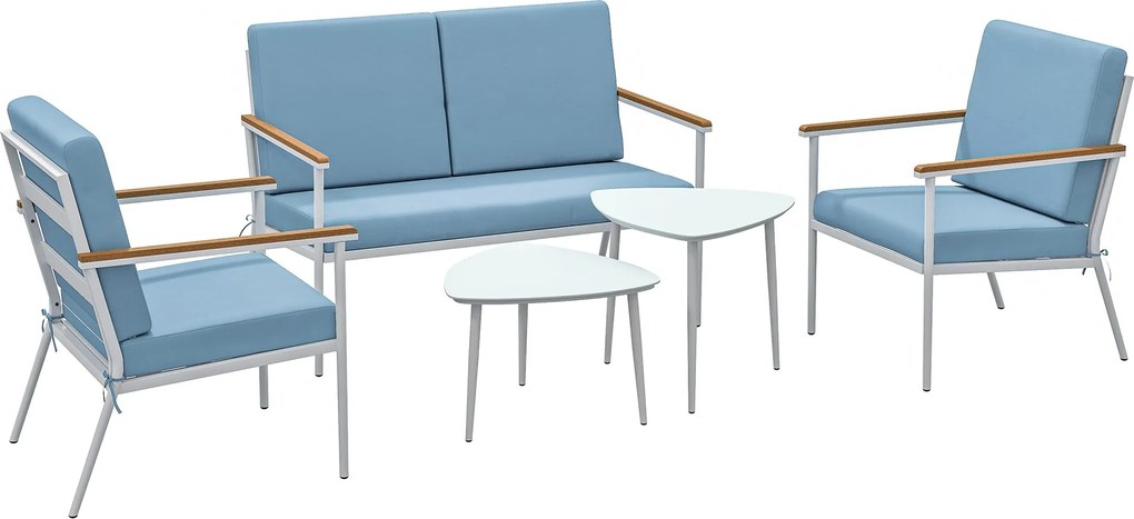 Outsunny Kültéri Kerti Bútor 4 Fős Szett, 5 Részes Balkon Lounge Szett Kanapéval, 2 Karosszékkel és 2 Edzett Üveg Kávézóasztallal, Párnák Tartoznak, T