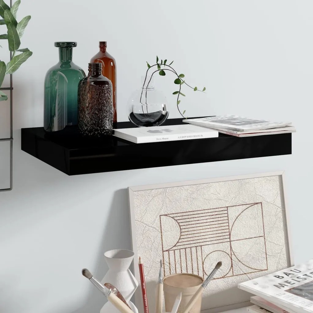 magasfényű fekete MDF lebegő fali polc 40 x 23 x 3,8 cm