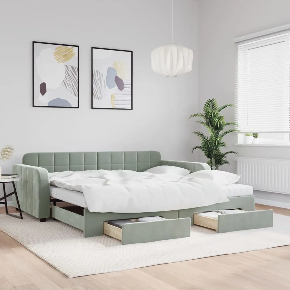világosszürke kihúzható bársony heverő fiókkal 100 x 200 cm